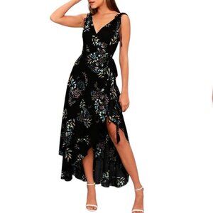 NEW Lulus Amal Black Floral Print Wrap High Low Maxi Dress Size S